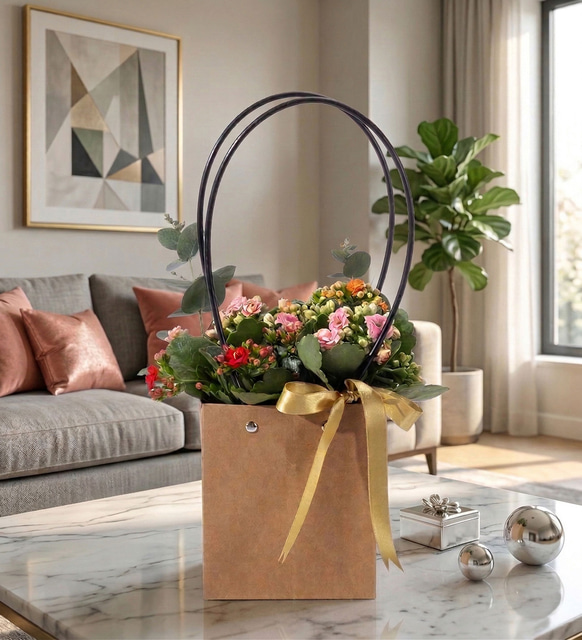 Kraft Çantada Turuncu, Pembe ve Kırmızı Kalanchoe