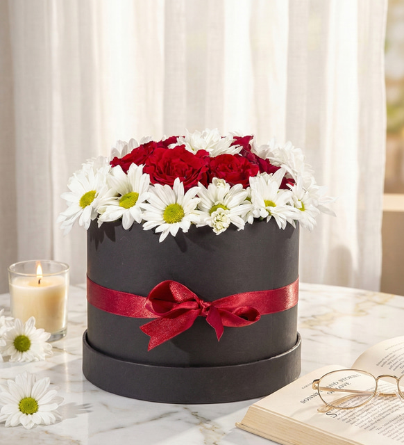 Siyah Kutuda Beyaz Papatyalar ve 7 Kırmızı Gül