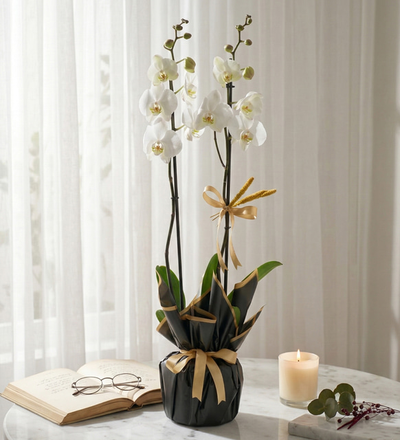 Siyah Buketli Polimer Saksılı Beyaz Çiftli Orkide